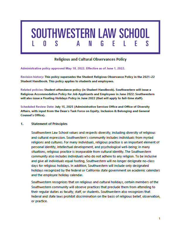 First Page of Southwestern's Religious and Cultural Observances Policy