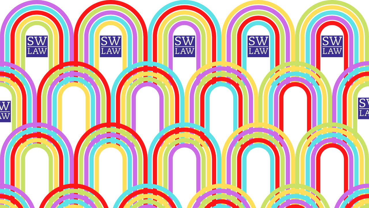 Pride Zoom Background 3 with Rainbow Arches and SWLAW 110 Block logo