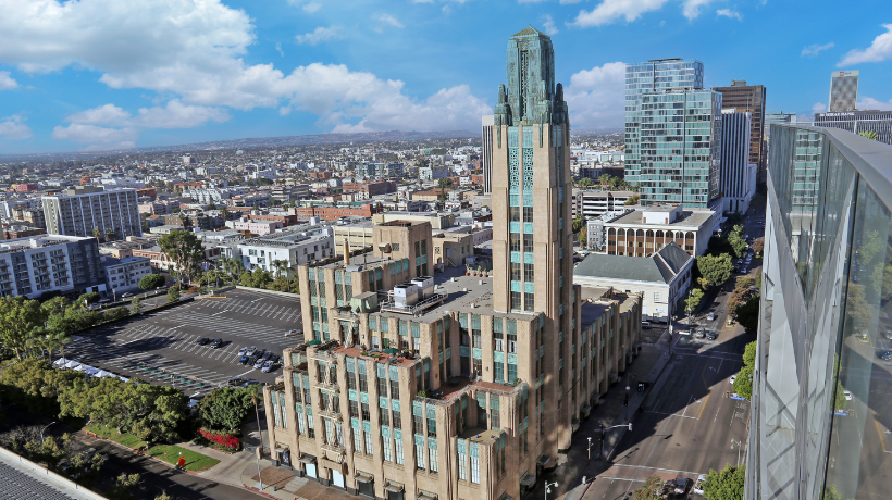 Southwestern Law School aerial view of Bullocks Wilshire building and Los Angeles city skyline