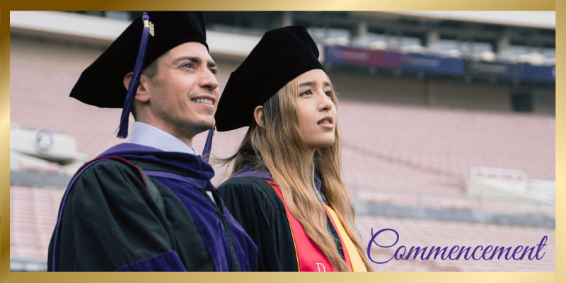 Commencement Banner featuring two students in cap and gown smiling