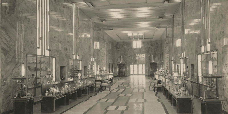 Black and white image of Bullocks Wilshire Perfume Hall