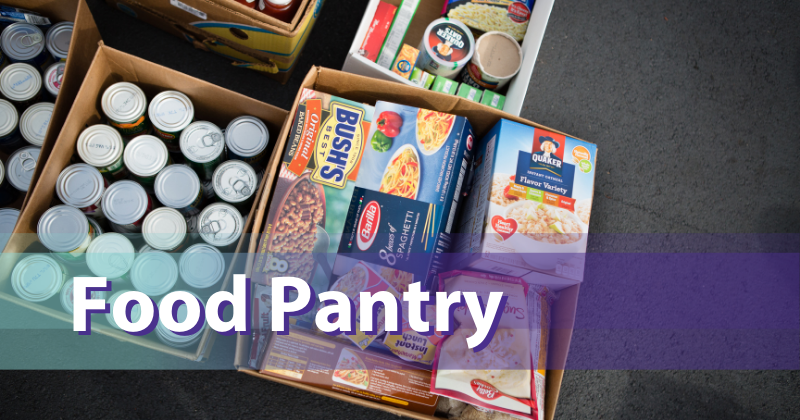 Image - Text "Food Pantry" on ombre gradient bar over an image of canned food and non-perishable food in boxes