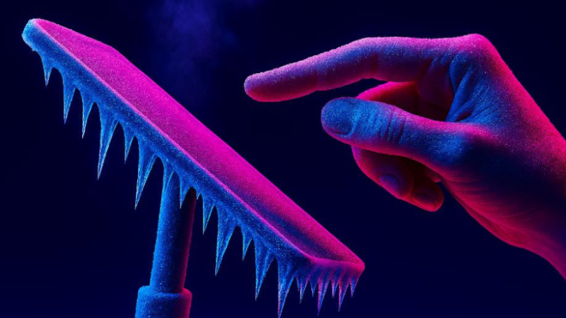 Hand reaching out to tap phone frozen in icicles