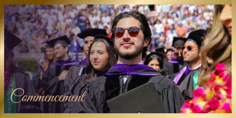 Commencement Banner featuring student in cap and gown and sunglasses