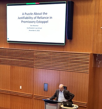 Prof. Waisman at the podium at the Contract, Consumer, and Commercial Law Conference at the University of British Columbia’s Peter A. Allard School of Law in Vancouver, Canada.