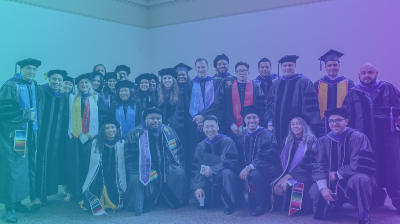 Image - Group of 2019 Southwestern graduates with teal to purple gradient overlay