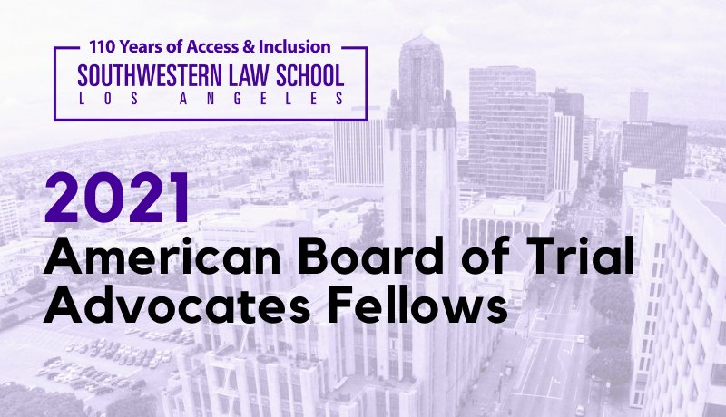 Image - Text "2021 American Board of Trial Advocates Fellows" over purple toned image of Bullocks Wilshire building