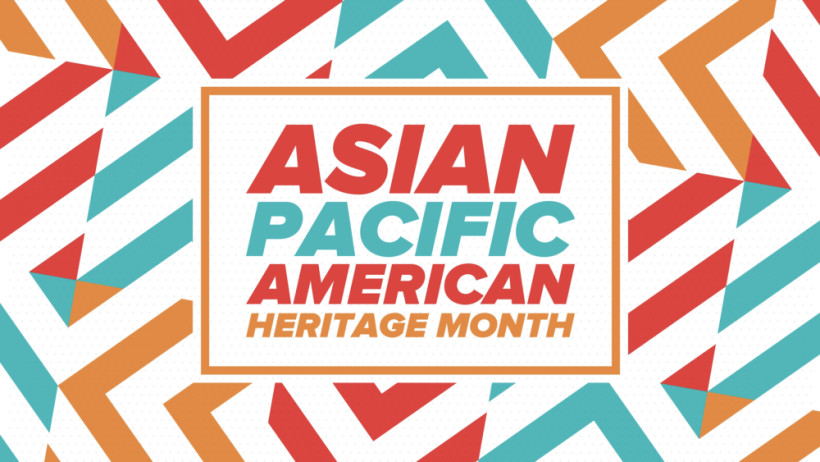 Colorful patterned banner with centered white box with text overlay Asian Pacific American Heritage Month