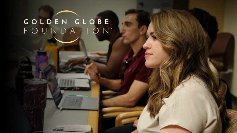 Entertainment & The Arts Clinic students in class with Golden Globe Foundation logo to the top left hand side