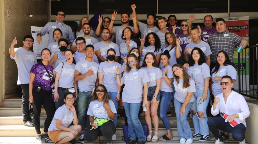 Law students cheering on the steps of Southwestern's campus