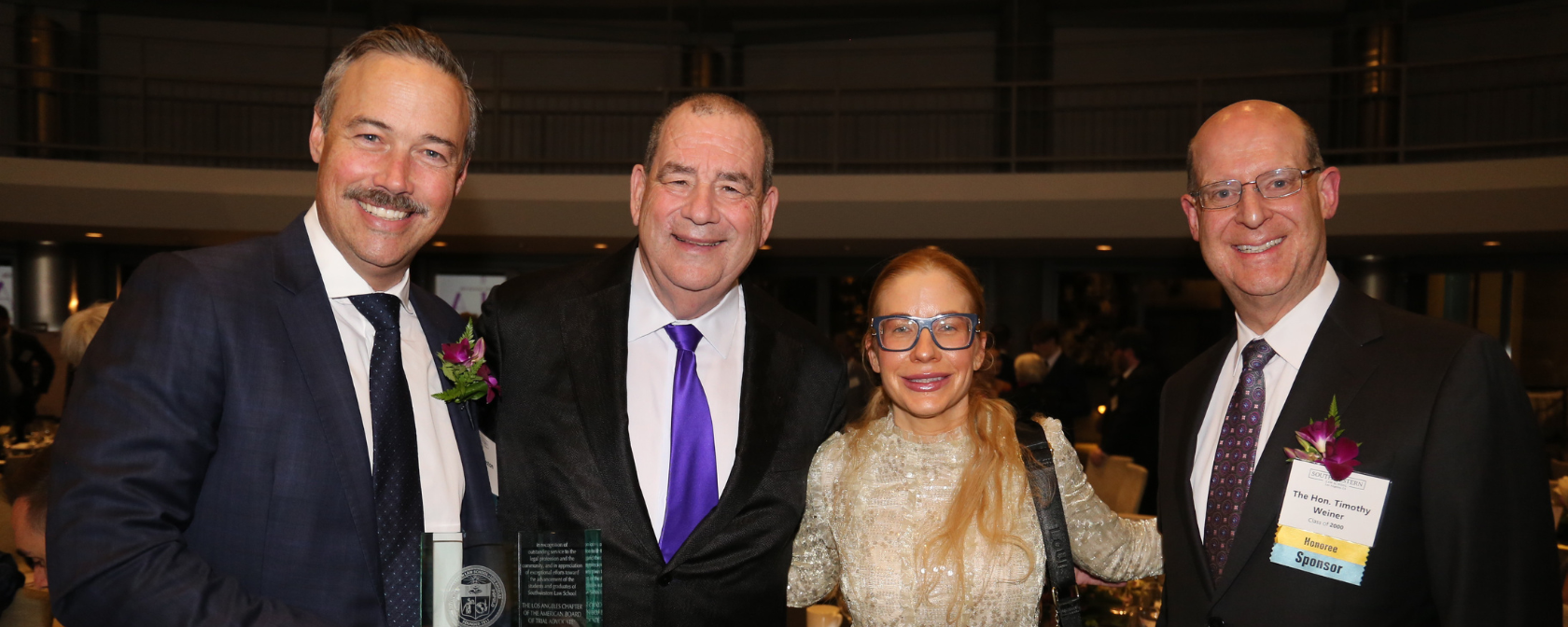 2026 Alumni Gala Awardees group photo featuring honorees Thomas Johnston from ABOTA LA, Brian Panish, Megan Green from FMBK, and Hon. Tim Weiner