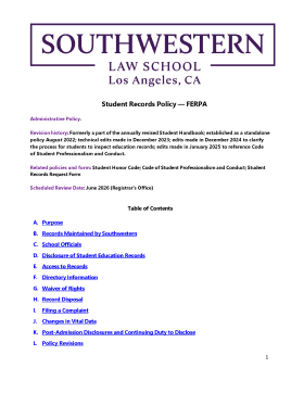 Student Records Policy - FERPA front page
