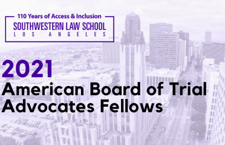 Image - Text "2021 American Board of Trial Advocates Fellows" over purple toned image of Bullocks Wilshire building