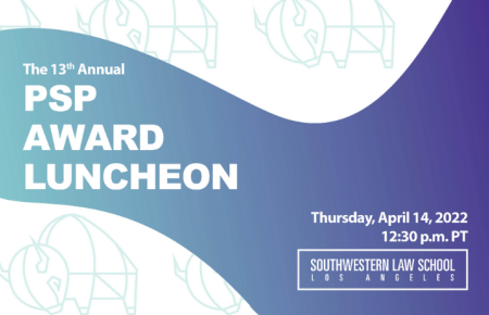 Text "The 13th Annual PSP Award Luncheon, Thursday, April 14, 2022, 12:30 p.m. PT" over abstract blue to purple ombre shape and art deco bison in light teal blue background 