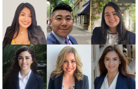 Moot Court Team Albany headshots in business professional dress in a collage. Top row: Nancy Santiago, Dean Matsuyama, and Stevie Thackeray. Bottom row: Vianney Munoz, Julia Unger, and Monica Boston.
