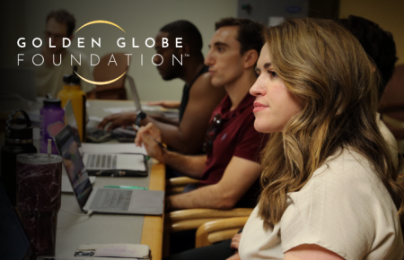 Entertainment & The Arts Clinic students in class with Golden Globe Foundation logo to the top left hand side