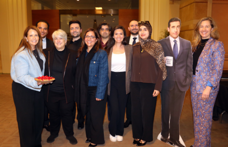 The winning group (from left to right): Front row: Associate Dean Bridgette de Gyarfas ’94; Dean Darby Dickerson; Sanam Yasseri ’09; Lauren Hughes-Leslie ’24; Sarah Dhaou (SCALE II); Lauren Sinclair (2L). Back row: Gabriel Cortes (SCALE II); Arman Avagyan ’22; Sohin Gautam ’15; Andrew Lutfala ’23.