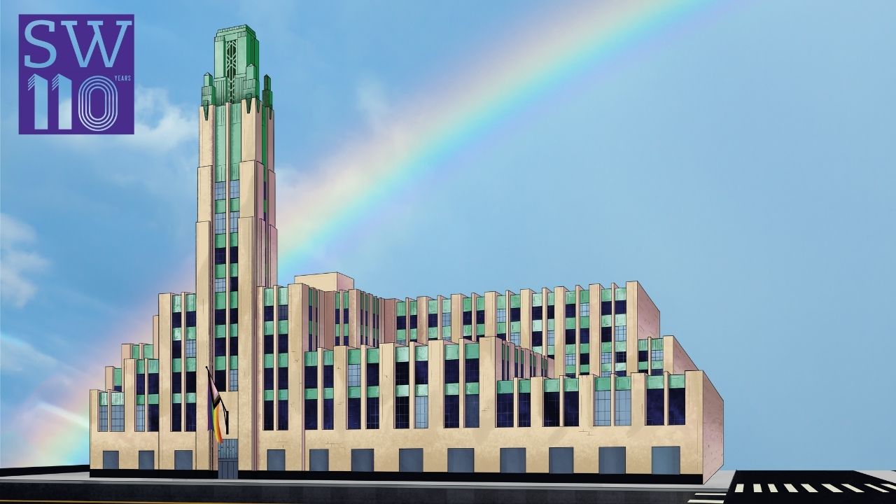 Pride Zoom Background with illustration of Bullocks Wilshire building and rainbow