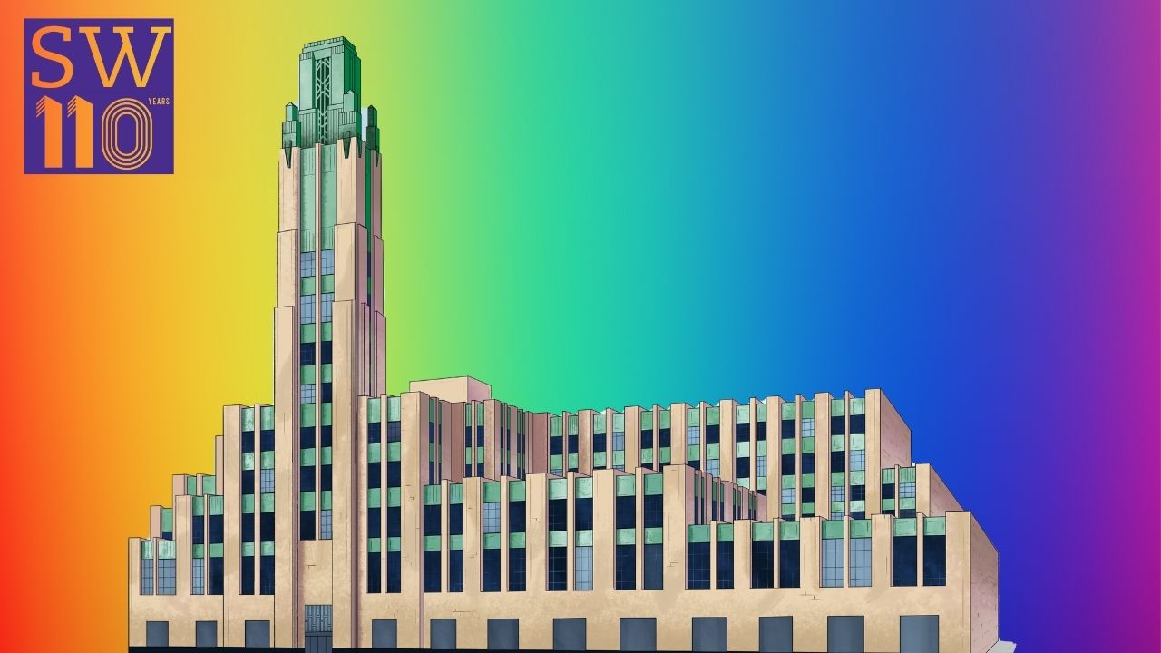 Pride Zoom Background 4 with illustration of Bullocks Wilshire building against a rainbow background