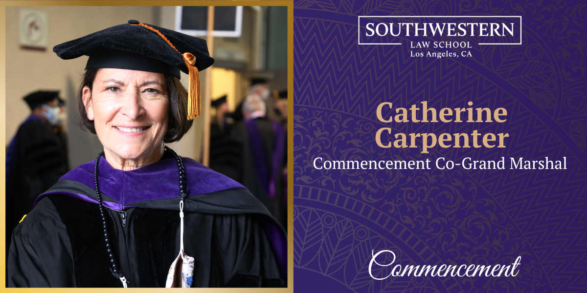Prof. Catherine Carpenter in commencement robe and tam with text "Catherine Carpenter Commencement Co-Grand Marshal"
