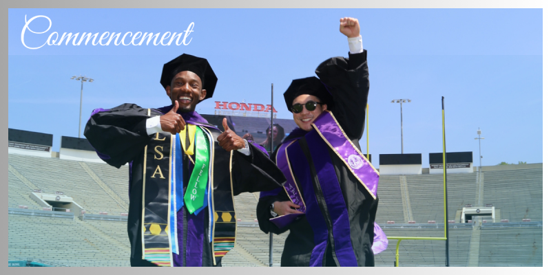 Commencement featuring two male students jumping in the air cheering in their cap and gown