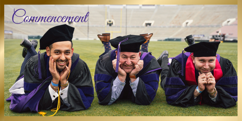 Commencement Banner featuring three students laying on the lawn of the Rose Bowl