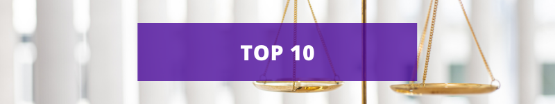 Thin banner of golden scales of justice with text, "Top 10," overlaid in a transparent purple box in the center