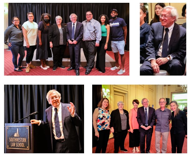 Photos of Dean Chemerinsky with faculty members, students from the American Constitution Society, at the lecturn, and smiling after being called a GOAT
