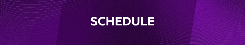 Schedule text in white against purple motif background