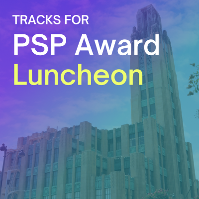 PSP Spotify Playlist Cover image of Bullocks Wilshire building on purple to blue gradient with text overlay "Tracks for PSP Award Luncheon"