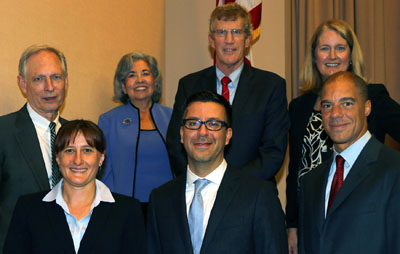 Top row (left): Hon. Rives Kistler, Oregon Supreme Court; Hon. Petra J. Maes, New Mexico Supreme Court; Hon. Robert J. Cordy, Massachusetts Supreme Judicial Court; and Hon. Ann A. Scott Timmer, Arizona Supreme Court. Bottom row (left): Tina Robinson, First Place Oralist; Carlos Hernandez, Second Place Oralist; and Hon. Paul J. Watford, United States Court of Appeals, Ninth Circuit.