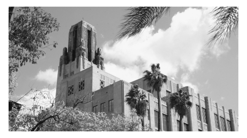 Bullocks Wilshire tower in black and white