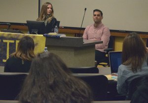Alumni Jessie Winkler and Brandon Intelligator speak to Southwestern students