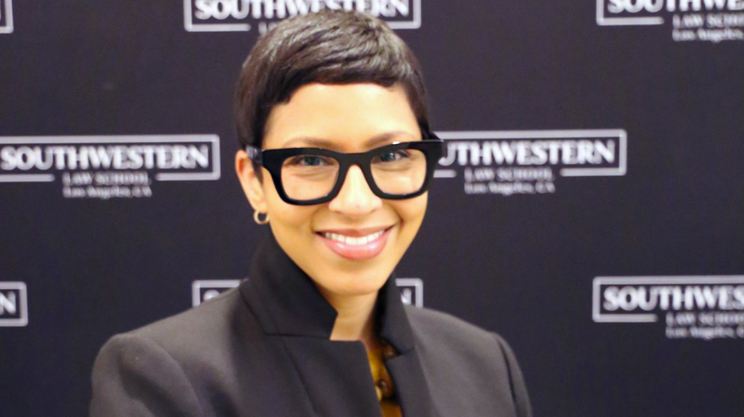 Prof. Melissa Murray against black Southwestern Law School backdrop
