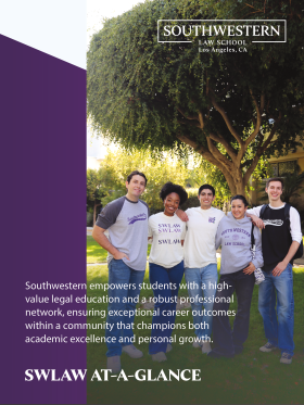 SWLAW At-A-Glance front cover featuring image of five students in SWLAW gear smiling on promenade
