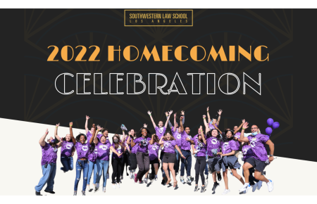 Southwestern Law School 2022 Homecoming Celebration with image of students jumping and cheering