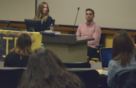 Alumni Jessie Winkler and Brandon Intelligator speak to Southwestern students
